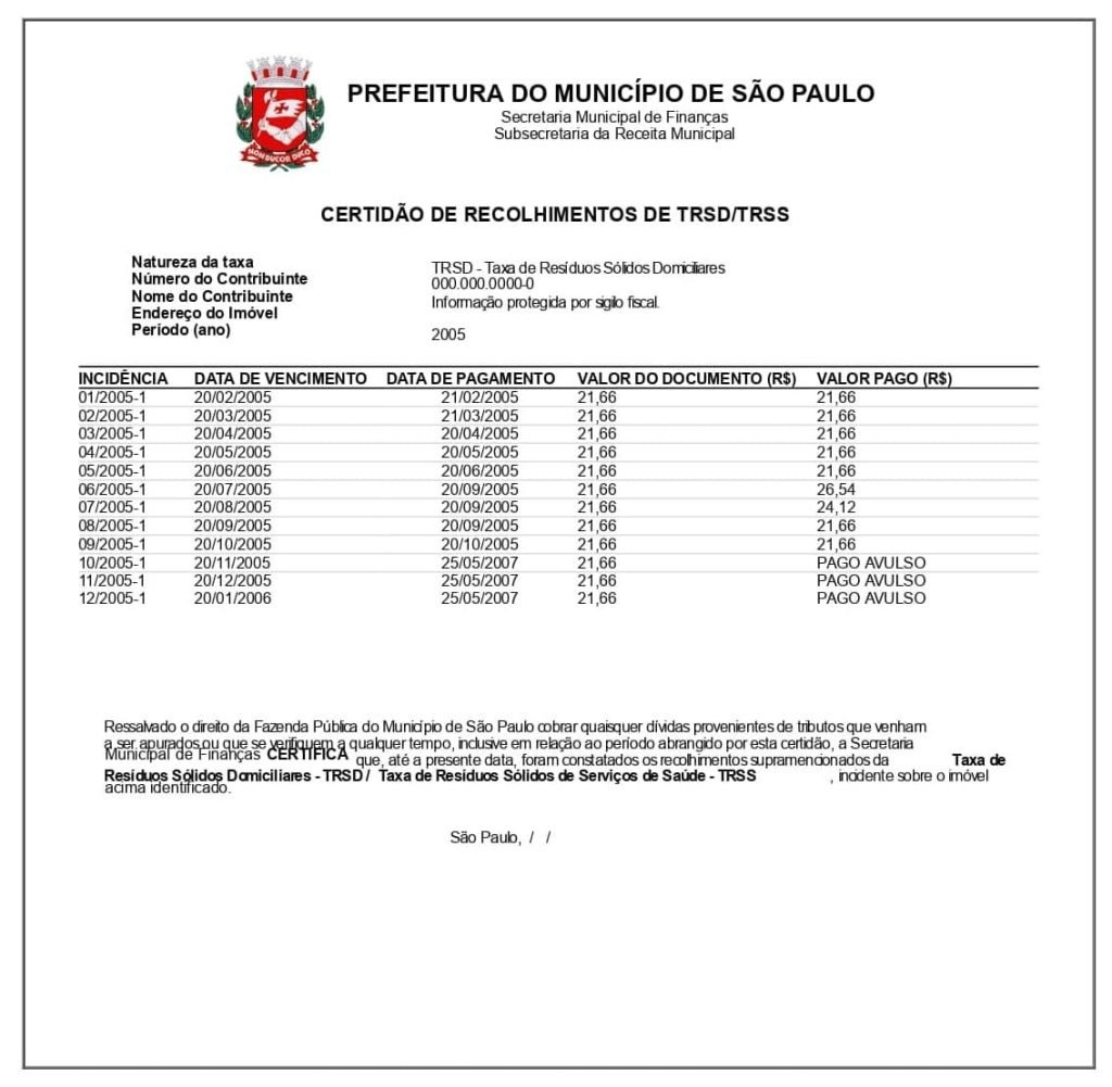 Certidão Negativa de Taxa de Lixo