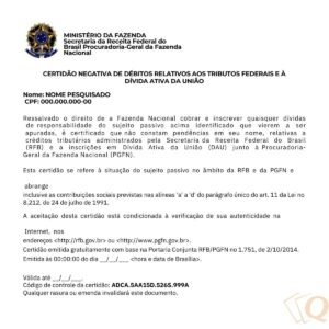 CERTIDÃO NEGATIVA DE DÉBITOS RELATIVOS AOS TRIBUTOS FEDERAIS E À DÍVIDA ATIVA DA UNIÃO